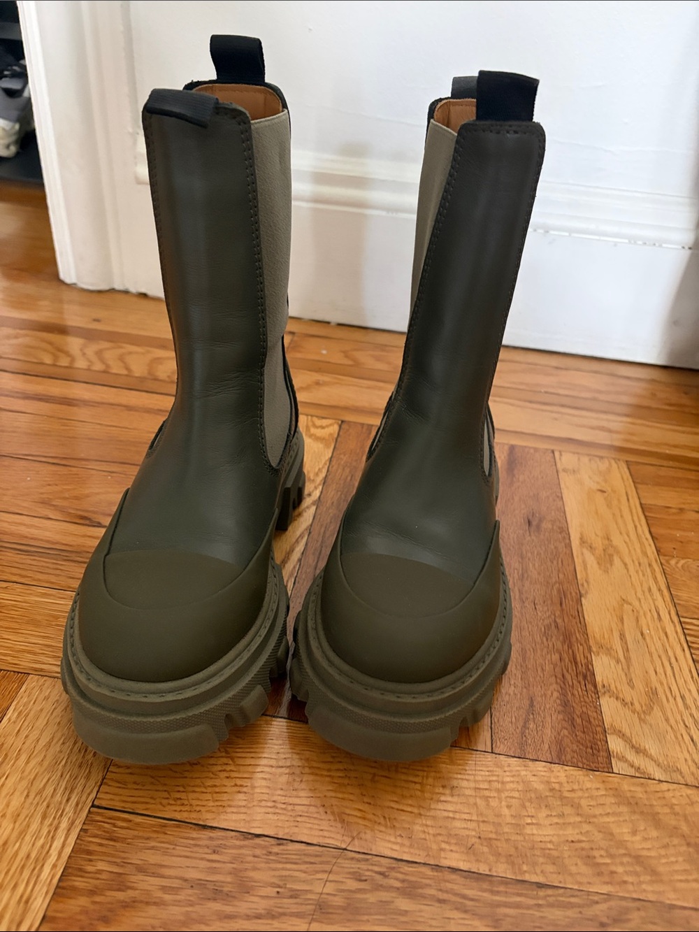 Ganni Olive Green Lug-Sole Lace-Up Boots